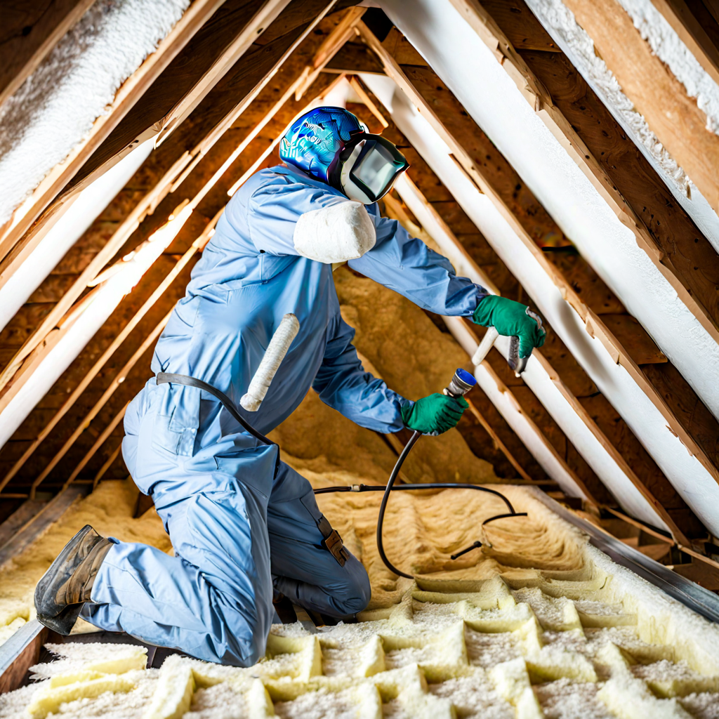 A worker doing spray foam attic insulation